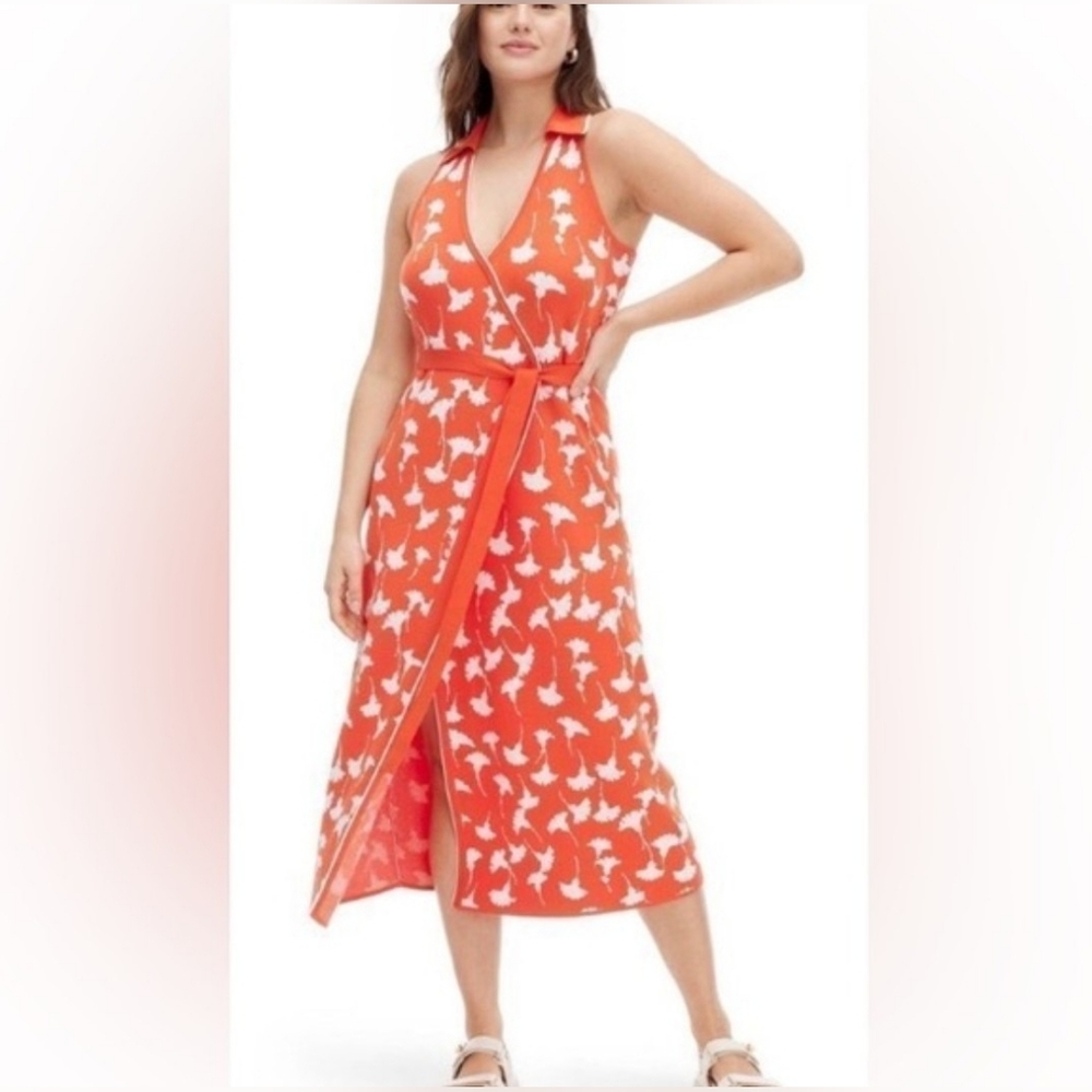 NWT Diane Von Furstenberg Women's Orange and White Floral Knit Wrap Dress - Picture 9 of 9